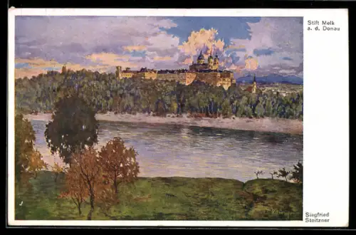 Künstler-AK Siegfried Stoitzner: Melk a. d. Donau, Blick über den Fluss zum Stift