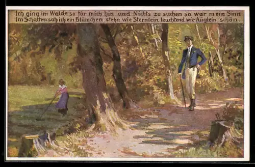 Künstler-AK P. Hey, Volksliederkarte Nr. 62: Ich ging im Walde so für mich hin, Mann wandert, Frau harkt