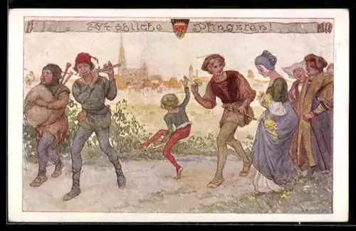 AK Deutscher Schulverein Nr. 484: Fröhliche Pfingsten!, Umzug mit Musik und Tanz