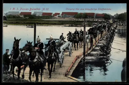 AK Pirna, 1. K. S. Pionier-Bataillon Nr. 12, Übergang über eine kriegsfertige Schiffsbrücke, Fuhrwerke