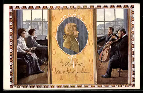 Künstler-AK Salzburg, Mozart-Feier 1910, Porträt Mozarts, Mitglieder eines Orchesters üben ein Werk Mozarts