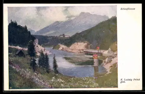 Künstler-AK Karl Ludwig Prinz: Erlaufklause, Partie am See mit Sperrmauer