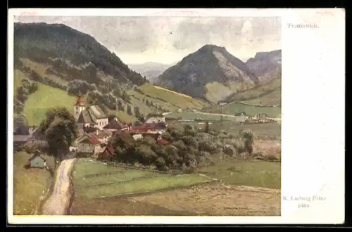 Künstler-AK Karl Ludwig Prinz: Frankenfels, Ortsansicht mit Kirche