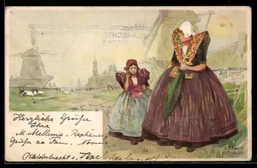 Künstler-AK Henri Cassiers: Axel, Frau mit Tochter in Tracht, Windmühlen