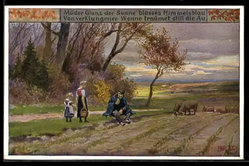 Künstler-AK P. Hey: November Allegorie, Töchter bringen Schäfer Speis und Trank