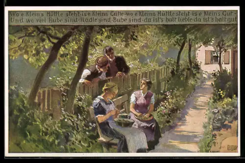 Künstler-AK P. Hey, Volksliederkarte Nr.: 66, Wo e kleins Hüttle steht, Männer sprechen 2 Frauen an