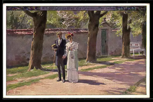 Künstler-AK P. Hey, Volksliederkarte Nr. 54: Als der Grossvater die Grossmutter nahm, Hochzeitspaar auf Wegstück