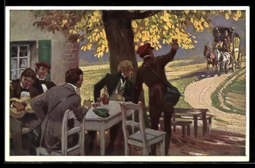 Künstler-AK Paul Hey: Studenten winken einer Postkutsche, Verein für das Deutschtum im Ausland