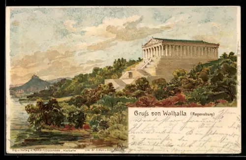 Lithographie Walhalla /Regensburg, Walhalla-Gedenkstätte, Donau, Landschaft