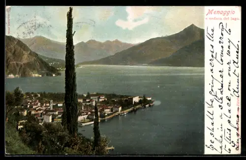 AK Menaggio, E veduta del lago, Blick auf die Ortschaft am See, Zypresse