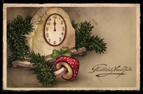 AK Pilz und Tannenzweige vor Standuhr