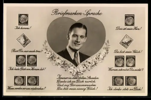 AK Portrait eines Mannes in einem Herz mit Briefmarkensprache