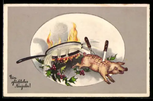 AK Schwein mit Messer und Gabel im Rücken springt aus der Pfanne auf der Feuerstelle, Neujahr