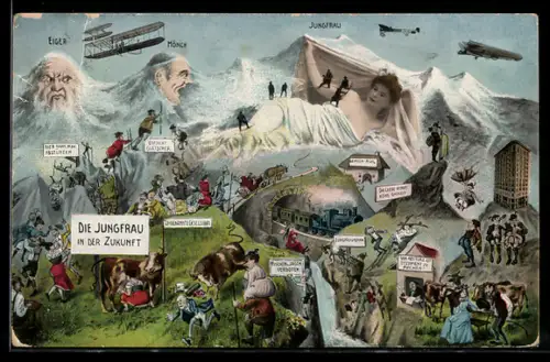 AK Die Jungfrau in der Zukunft, Eiger, Mönch & Jungfrau mit Gesicht, Eisenbahn, Zeppelin & Auto, Berggesichter
