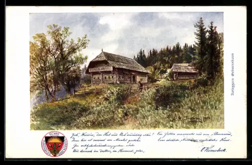 Künstler-AK Roseggers Geburtshaus, Deutscher Schulverein