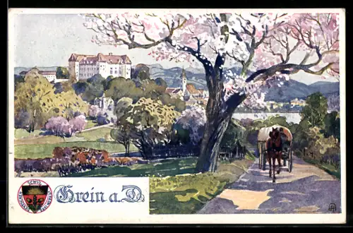 AK Grein a.d. Donau, Partie mit Kutsche unter blühenden Bäumen, Deutscher Schulverein