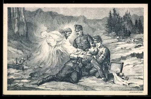 Künstler-AK Sanitäter bergen tödlich verwundeten Soldaten, Gottes Erscheinung, Rotes Kreuz