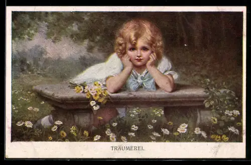 Künstler-AK M. Munk Nr. 1192: Träumerisch schauendes Mädchen auf Steinbank
