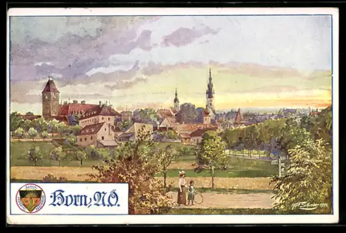 Künstler-AK Horn, Totalansicht mir Kirchturm, Deutscher Schulverein