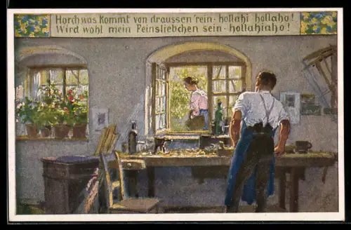 Künstler-AK P. Hey, Volksliederkarte Nr. 57: Horch was kommt von draussen rein, Schreiner am Werkstische