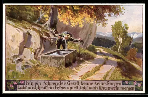 Künstler-AK Paul Hey: Volksliederkarte Nr.81: Wanderer erfrischt am Brunnen