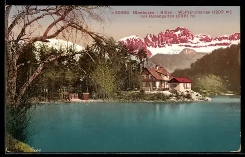 AK Oberbozen, Blick über den Wolfsgrubensee mit Rosengarten