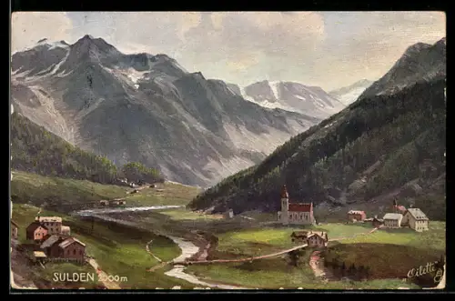 AK Sulden, Ortsansicht mit Flusspartie aus der Vogelschau