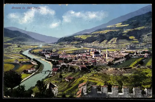 AK Brixen, Stadtansicht mit Flusspartie aus der Ferne