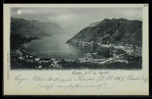 Mondschein-AK Como, Totalansicht mit See aus der Vogelschau