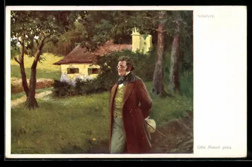 AK Der Komponist Schubert im Garten spazieren gehend