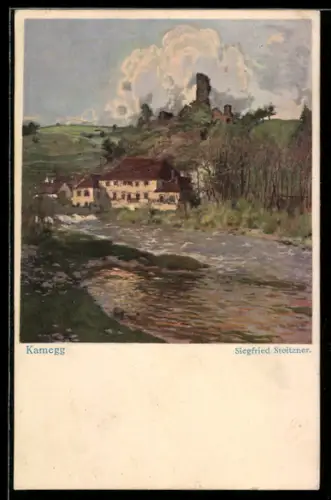 Künstler-AK Gars am Kamp, Kamegg, Flusspartie mit Ruine