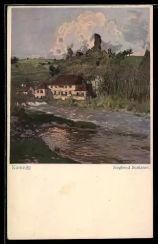 Künstler-AK Gars am Kamp, Kamegg, Flusspartie mit Ruine