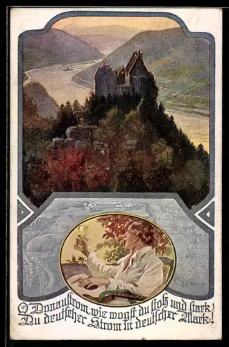 Künstler-AK Deutscher Schulverein Nr. 1051: Burg an der Donau, Mann mit einem Weinglas