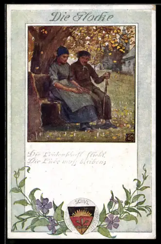 Künstler-AK Karl Friedrich Gsur, Deutscher Schulverein NR.195: Alte Frauen sitzen auf einer Bank unter einem Baum