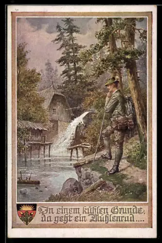 Künstler-AK Kränzle: Wanderer am Bach mit Wassermühle, In einem kühlen Grunde..., Deutscher Schulverein