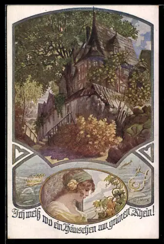 Künstler-AK W. Braun, Deutscher Schulverein Nr. 1050: Haus am Rhein, junge Frau mit Rose im Haar, Krone und Lyra