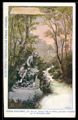 Künstler-AK Philipp + Kramer Nr. XXVII /3: Büste des Komponisten Franz Schubert an einem Flüsschen