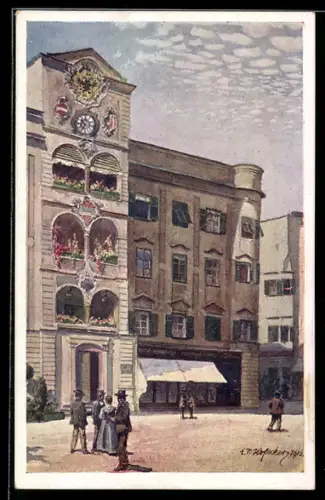 Künstler-AK Gmunden, Strasse am Rathaus