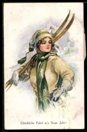 Künstler-AK Court Barber: elegante Skiläuferin