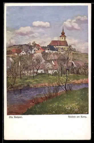 Künstler-AK Otto Stoitzner: Stiefern am Kamp, Uferpartie mit Kirche
