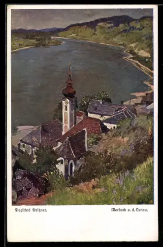 Künstler-AK Siegfried Stoitzner: Marbach a. d. Donau, Panoramablick auf Ort und Fluss