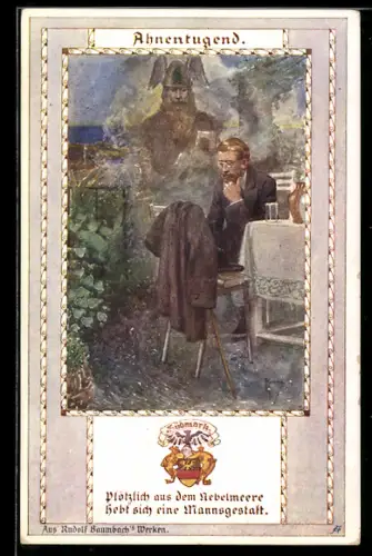 Künstler-AK Franz Kuderna: Ahnentugend, Germane erscheint aus dem Nebelmeer einem nachdenklichen Mann