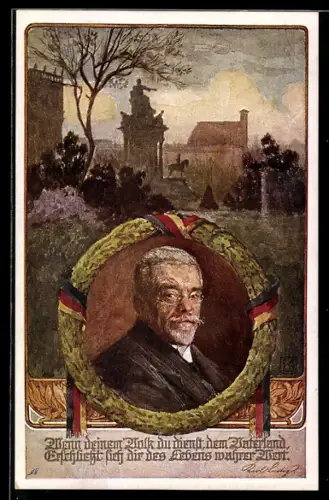 Künstler-AK Karl Friedrich Gsur: Wenn deinem Volk du dienst..., Karl Lustig Portrait, Ortsansicht, Deutscher Schulverein