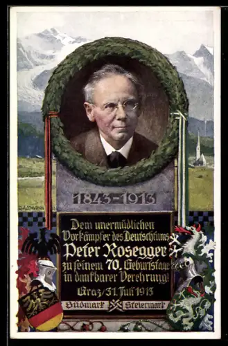 Künstler-AK Richard Assmann: Porträt Peter Rosegger Vorkämpfer des Deutschtums...