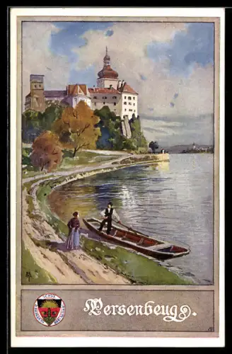 AK Persenbeug, Uferpartie m. Schloss & Ruderer, Deutscher Schulverein