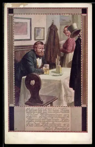 Künstler-AK Franz Kuderna, Deutscher Schulverein NR 29: Mann Im Restaurant, Gedicht v. Rudolf Baumbach