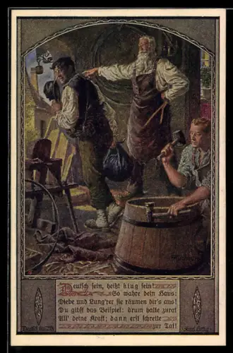 Künstler-AK Franz Kuderna: Deutscher Schulverein Nr. 803, Blick in eine Böttcherwerkstatt