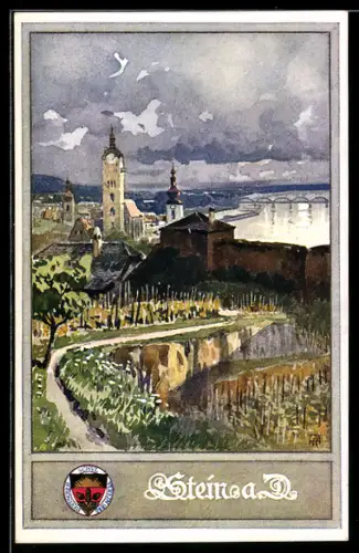 Künstler-AK Stein a. D., Teilansicht mit Türmen und Brücke