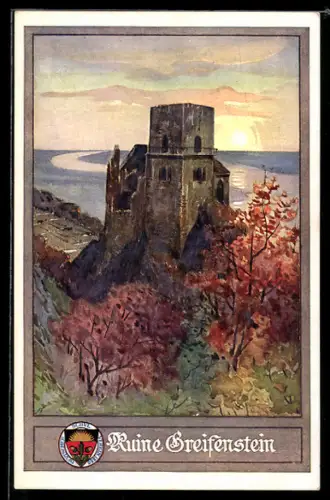Künstler-AK Greifenstein, Burgruine an einem milden Herbstabend, Deutscher Schulverein