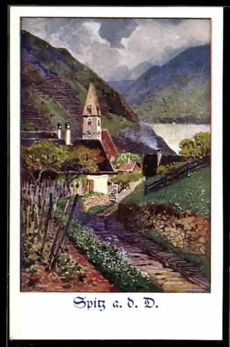 AK Deutscher Schulverein NR.173: Spitz a. d. Donau, Blick auf die Kirche